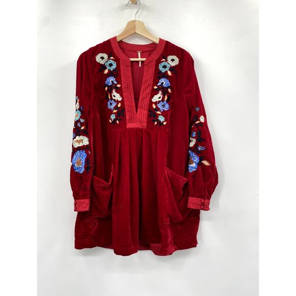 Free People red velvet floral embroidered long sleeve dress - Picture 2 of 5